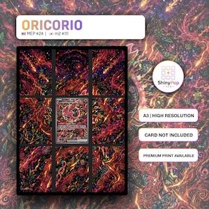 Puede incluir: Un póster rectangular con una cuadrícula de nueve paneles que muestra un patrón floral cósmico oscuro con tonos rojos, naranjas y morados. El panel central contiene una carta coleccionable. El texto incluye ORICORIO, MEP #24, m2 #111, A3 | HIGH RESOLUTION, CARD NOT INCLUDED y PREMIUM PRINT AVAILABLE.