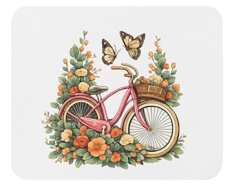 Alfombrilla de ratón con estampado floral de bicicleta y accesorio de escritorio con diseño de mariposas y jardín.