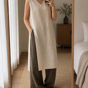 Cotton Linen Tunic Dress: Sleeveless Long Top Side Split Layering Womens Dresses