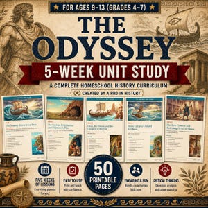 Può includere: Un programma di studio di 5 settimane intitolato The Odyssey per ragazzi dai 9 ai 13 anni, con cinque pagine di lezioni stampabili con illustrazioni di mitologia greca, un badge centrale di 50 pagine stampabili e icone per le attività.