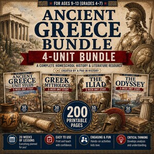 Può includere: Un pacchetto educativo di 4 unità sull'antica Grecia che include quattro guide di studio intitolate Ancient Greece, Greek Mythology, The Iliad e The Odyssey. La copertina mostra illustrazioni storiche, un elmo, una pergamena e il testo che indica 200 pagine stampabili per ragazzi dai 9 ai 13 anni.
