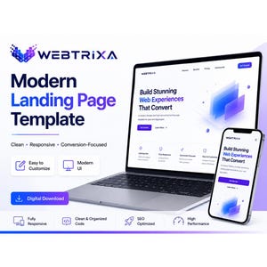 Op de afbeelding: Een digitale landingspaginatemplate voor Webtrixa weergegeven op een laptop- en smartphonescherm. Het ontwerp bevat blauwe en paarse accenten, de tekst Modern Landing Page Template en iconen die responsieve, SEO-geoptimaliseerde en krachtige functies vertegenwoordigen.