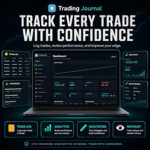 May include: A digital trading journal software interface displayed on a laptop screen. The dark-themed dashboard features an equity curve, performance analytics, trade logs, and strategy backtesting tools with neon teal and white text overlays.