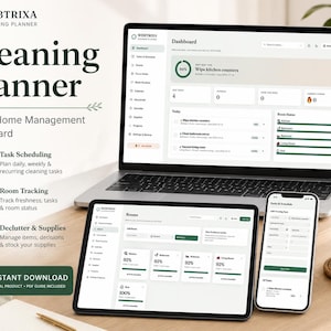 May include: A digital cleaning planner dashboard displayed on a laptop, tablet, and smartphone. The interface features task scheduling, room tracking, and supply management tools with text labels including Webtrixa Cleaning Planner and Dashboard.