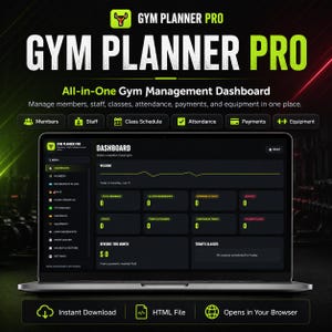 May include: A laptop displaying the Gym Planner Pro dashboard, an all-in-one gym management system. The interface features sections for members, staff, class schedules, attendance, payments, and equipment, with a dark theme and neon green accents.