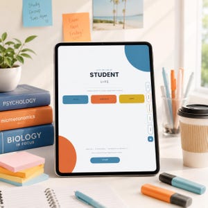 Puede incluir: Una tableta digital que muestra una interfaz de planificador estudiantil con el texto Stay on top of student life, botones de navegación azules, naranjas y amarillos, junto a libros de texto, notas adhesivas, bolígrafos y un café.