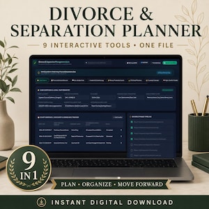 Può includere: Uno schermo di computer portatile che mostra un'interfaccia di pianificazione per divorzio e separazione con 9 strumenti interattivi. La dashboard include il riepilogo del caso, il registro legale, le udienze e le scadenze.