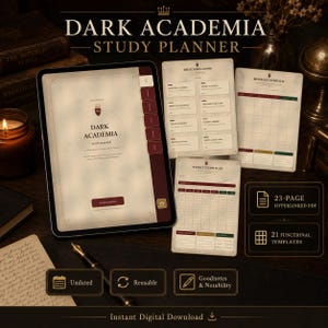 May include: A digital study planner displayed on a tablet and printed pages featuring a cream background with dark red and gold accents. The text reads Dark Academia Study Planner, The Reading Room, Monthly Overview, and Weekly Study Plan.
