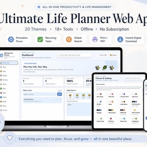 Ultimate Life Planner Web App, Interactive HTML Planner, 20 Themes, Pomodoro, Habit Budget Tracker