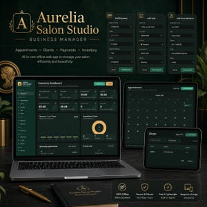 May include: A dark-themed Aurelia Salon Studio business manager web application displayed on a laptop, tablet, and smartphone. The interface features an executive dashboard, appointment calendar, and client management modules with gold text accents.