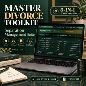 May include: A laptop displaying the Master Divorce Toolkit software interface with a marital asset equaliser table. The screen shows case details, financial data, and a 6-in-1 interactive system. Nearby are books titled Family Law and a notebook.