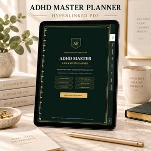 May include: A digital tablet displaying a dark green ADHD Master Life & Study Planner interface with gold text and accents. The screen shows navigation tabs, buttons for task management, and the title ADHD MASTER. A gold stylus rests on the surface.