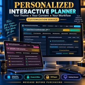 Könnte beinhalten: Eine digitale Benutzeroberfläche für einen personalisierten interaktiven Planer, angezeigt auf einem Laptop und einem Desktop-Monitor. Die Bildschirme zeigen Software-Dashboards mit Texten wie "Custom Planner Personalization Engine" und "Single Mom Life Command Center" sowie verschiedene Organisations-Widgets und Planungstools.