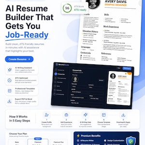 May include: A digital interface for ResumeElevate, an AI resume builder. The layout displays a sample resume for Avery Davis, an ATS score of 96, a dark-themed user dashboard, a five-step process guide, and a pricing table for subscription plans.