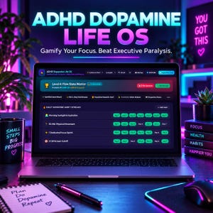 Könnte beinhalten: Ein Laptop mit der Softwareoberfläche ADHD Dopamine Life OS und einem spielerischen Gewohnheits-Tracker, der tägliche Streaks für Morgenlicht, körperliche Bewegung, Fokus-Sprints und Bildschirm-Sperrzeiten sowie ein Notizbuch zeigt.