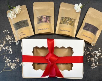 Theecadeau voor vrouwen | Set van 4 losse theesoorten in een geschenkdoos | Sencha, kamille, roos, hibiscus | Cadeau voor een verjaardag of Moederdag