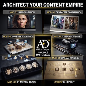 May include: A digital infographic titled ARCHITECT YOUR CONTENT EMPIRE featuring five modules: image creation with a portrait, character consistency, monetization and automation, cinematic videos with a camera on tracks, and platform tools with logos.