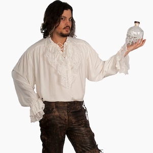 Renaissance, Celtic, Pirate, Disney Cruise Wedding Formal White Historical Reenactment Ruffle Shirt w Lace Easy Fit Dress Like A Pirate