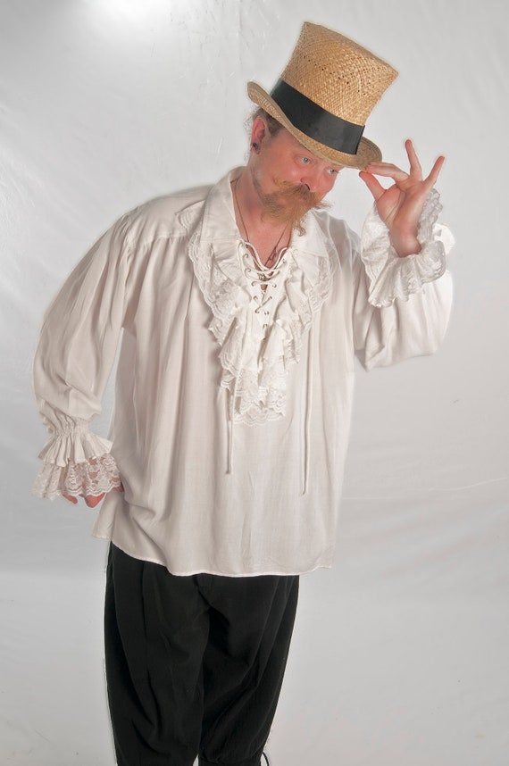 Pirate Shirt Men/'s White Rayon Laced Front Mandarin Collar Period Costume Shirt