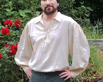 Chemise de reconstitution historique « Morgan » 100 % coton pima cultivé aux États-Unis, sans métal, tous les oeillets cousus prérétréci jusqu'à 6 fois Habillez-vous comme un pirate