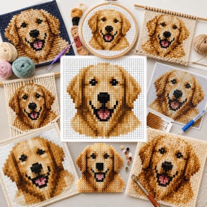 May include: A collection of golden retriever crafts featuring a central grid pattern, a wooden embroidery hoop, a wall hanging, a beaded project, and various textile art pieces, all displaying a pixelated golden retriever face with a pink tongue.