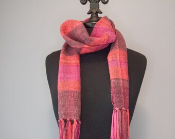 Sparkly Handwoven Magenta Plum Red Plaid Scarf, Women's Winter Scarf, Salvaged Yarn, Merino Wool Blend, Upcycled Clothing