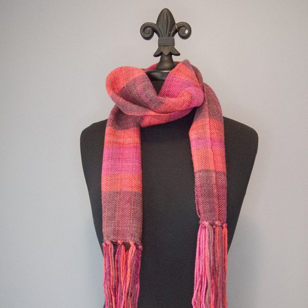 Sparkly Handwoven Magenta Plum Red Plaid Scarf, Women's Winter Scarf, Salvaged Yarn, Merino Wool Blend, Upcycled Clothing