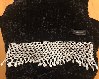 RBG Dissent scarf handwoven black velvet crocheted trim, craftivist