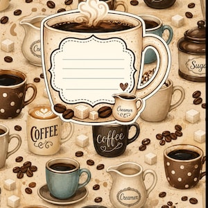 May include: A repeating pattern of coffee mugs, creamers, and sugar cubes on a tan background. A large central mug features a decorative label with five horizontal lines for writing, a small heart icon, and a miniature creamer illustration.