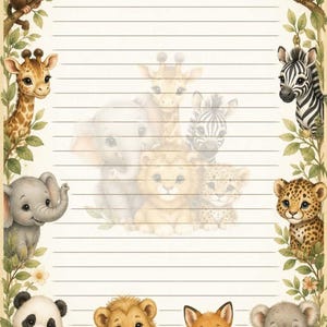 May include: A piece of lined stationery paper featuring a border of illustrated animals including a monkey, owl, giraffe, zebra, elephant, leopard, panda, lion, fox, and koala. The center contains a faint watermark of animal faces and the text Sassy Lil Shop.