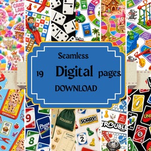 May include: A collection of 19 digital pages featuring various board game graphics including Candy Land, dominoes, The Game of Life, Operation, Scrabble, Sorry, Trouble, and Uno cards, with the text Seamless 19 Digital pages DOWNLOAD.