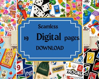 Op de afbeelding: Een verzameling van 19 digitale pagina's met diverse bordspelafbeeldingen waaronder Candy Land, dominostenen, The Game of Life, Operation, Scrabble, Sorry, Trouble en Uno-kaarten, met de tekst Seamless 19 Digital pages DOWNLOAD.