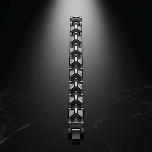 May include: A matte black link bracelet featuring a repeating geometric pattern of triangular segments. Each link displays a textured, grid-like surface detail in a lighter grey tone, creating a high-contrast visual effect along the entire length.