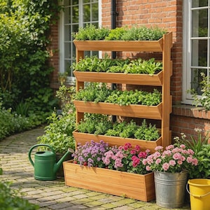 Puede incluir: Una jardinera vertical de madera con cinco niveles escalonados, cada uno lleno de diversas hierbas verdes y flores rosas vibrantes. La estructura está hecha de madera marrón clara y se asienta sobre una superficie pavimentada junto a una regadera.