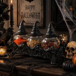 May include: A set of three clear glass jars with black witch hat lids, held in a decorative black metal stand with ornate scrollwork. The jars contain red powder, dried herbs, and multicolored peppercorns, arranged in a row on a dark surface.