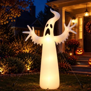 Pode incluir: Uma decoração inflável branca de um fantasma para uso externo, com uma base larga e arredondada, braços estendidos com bordas serrilhadas em forma de asa e um rosto estampado com dois olhos ovais e uma boca aberta, iluminada por dentro.