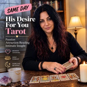 Könnte beinhalten: Eine Person mit dunklem, welligem Haar sitzt an einem Holztisch, auf dem fünf Tarotkarten ausgelegt sind. Der Text lautet: SAME DAY His Desire For You Tarot, Passion Attraction Reading Intimate Insight, HONEST ANSWERS, DEEP INSIGHT, SAME DAY READING. Eine Kerze und ein Kristall sind zu sehen.