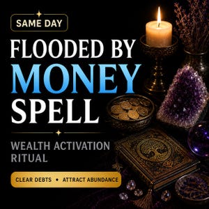 Puede incluir: Un gráfico negro con el texto SAME DAY FLOODED BY MONEY SPELL WEALTH ACTIVATION RITUAL CLEAR DEBTS ATTRACT ABUNDANCE. La imagen incluye una vela encendida, un cuenco de monedas de oro, un racimo de amatista morada y un libro con diseño de árbol.