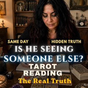 May include: A tarot reading session featuring a spread of illustrated cards on a dark wooden surface. Text overlays read: SAME DAY, HIDDEN TRUTH, IS HE SEEING SOMEONE ELSE? TAROT READING, and The Real Truth. A purple crystal cluster is visible.