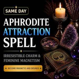 Może przedstawiać: Czarna grafika z tekstem SAME DAY APHRODITE ATTRACTION SPELL IRRESISTIBLE CHARM & FEMININE MAGNETISM BECOME MAGNETIC AND DESIRED. Zawiera zapaloną świecę, fioletową geodę ametystową, złoconą księgę oraz drobne fioletowe kryształy.