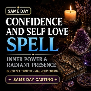 Puede incluir: Un gráfico digital con el texto SAME DAY CONFIDENCE AND SELF LOVE SPELL INNER POWER & RADIANT PRESENCE BOOST SELF WORTH MAGNETIC ENERGY SAME DAY CASTING. El fondo muestra una vela encendida, amatista, una llave y hierbas secas.