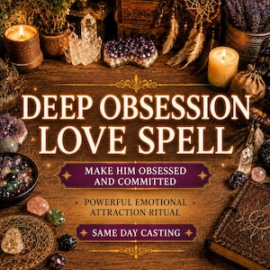 Può includere: Una grafica digitale con il testo DEEP OBSESSION LOVE SPELL, MAKE HIM OBSESSED AND COMMITTED, POWERFUL EMOTIONAL ATTRACTION RITUAL e SAME DAY CASTING. L'immagine mostra candele, vari cristalli, una scatola di legno e un libro.