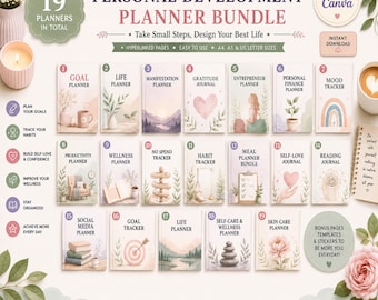 May include: A digital bundle of 19 editable Canva personal development planners featuring various titles like Goal Planner, Life Planner, and Mood Tracker. The collection includes A4, A5, and US letter sizes with hyperlinked pages and bonus stickers.