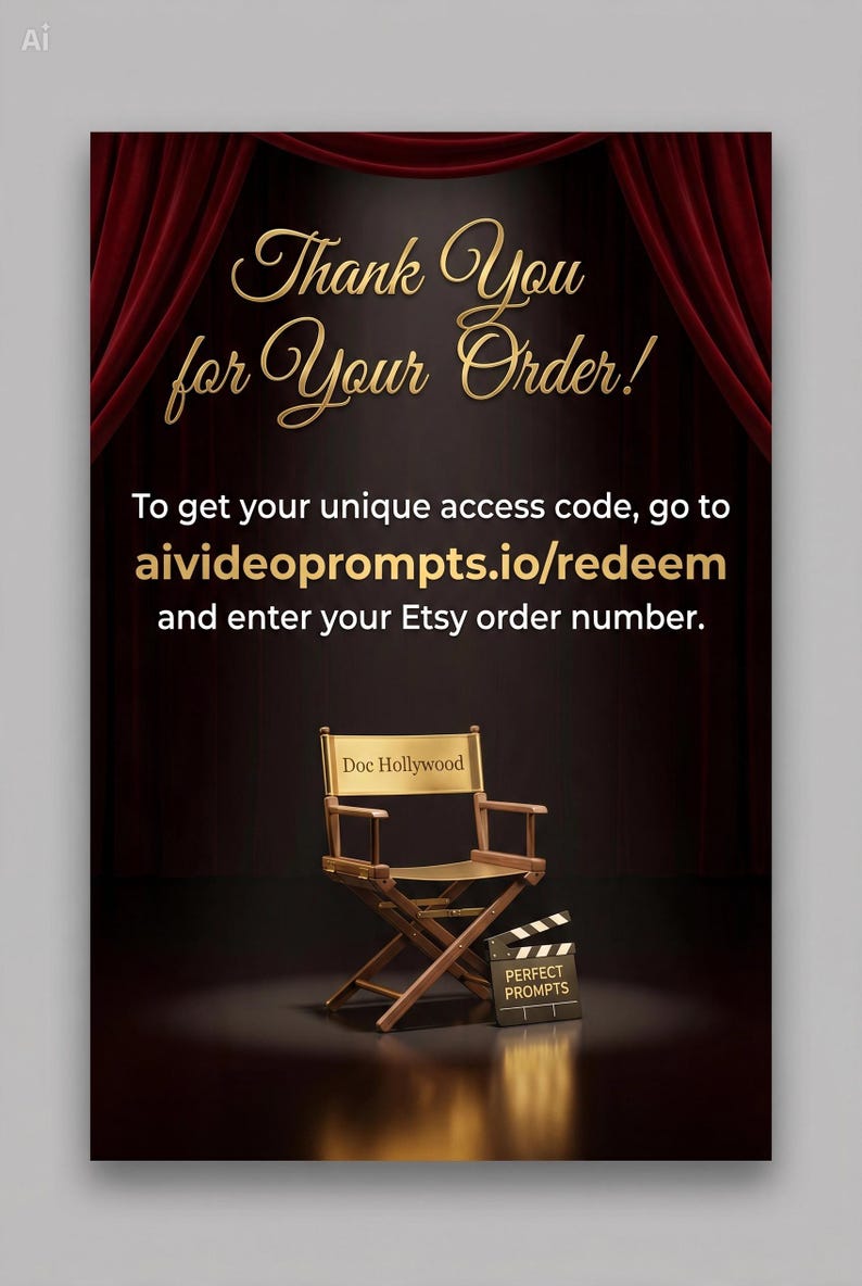 May include: A digital graphic featuring a wooden director's chair with Doc Hollywood printed on the backrest and a film clapperboard labeled PERFECT PROMPTS. The text reads Thank You for Your Order! and aivideoprompts.io/redeem against red curtains.