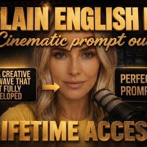 May include: A digital graphic featuring the text PLAIN ENGLISH IN Cinematic prompt out! and LIFETIME ACCESS. Two black rectangular boxes contain the text HAVE A CREATIVE BRAINWAVE THAT ISNT FULLY DEVELOPED and PERFECT AI PROMPT with a checkmark.