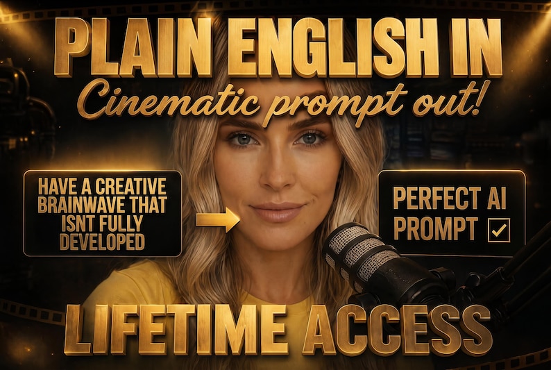 May include: A digital graphic featuring the text PLAIN ENGLISH IN Cinematic prompt out! and LIFETIME ACCESS. Two black rectangular boxes contain the text HAVE A CREATIVE BRAINWAVE THAT ISNT FULLY DEVELOPED and PERFECT AI PROMPT with a checkmark.
