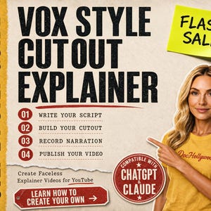 Op de afbeelding: Een digitale gids getiteld Vox Style Cutout Explainer met een stapsgewijze lijst, een geel Flash Sale-briefje en een persoon in een geel T-shirt die naar de tekst wijst. De afbeelding bevat rode badges en tekst over het maken van video's.