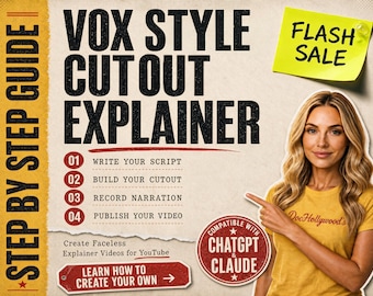 May include: A digital guide titled Vox Style Cutout Explainer with a step-by-step list, a yellow flash sale sticky note, and a person in a yellow t-shirt pointing to the text. The graphic includes red badges and text about creating YouTube videos.