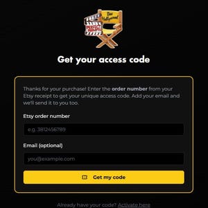 May include: A digital interface for retrieving an access code, featuring a director's chair icon with the text 'Perfect Prompts' and 'Doc Hollywood'. The form includes fields for an Etsy order number and email, with a yellow 'Get my code' button.