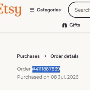 May include: A digital interface showing an Etsy order details page. The screen displays the text Purchases, Order details, and the specific order number 4111887839 highlighted in blue, with the purchase date listed as 08 Jul, 2026.